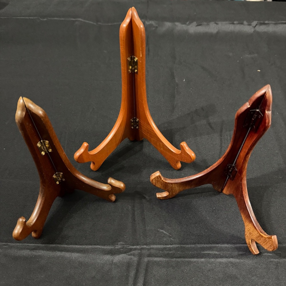 3 pc Vtg Wood Easel Plate Photo Frame Plate Holder Display Stands Brown Tabletop